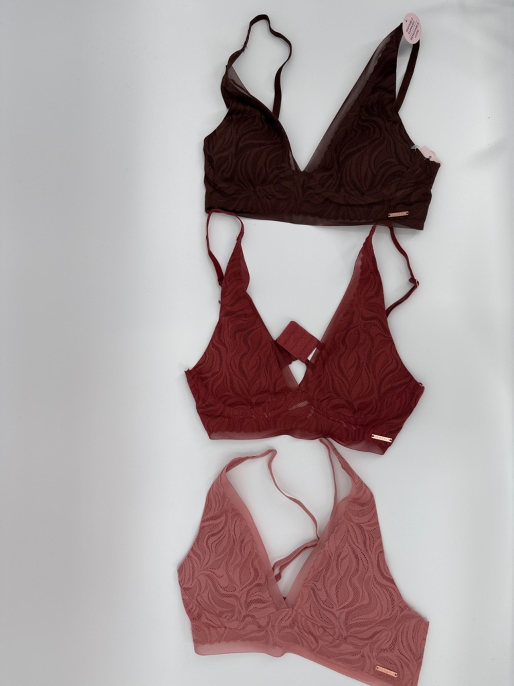 NWT Danskin Lace Bralette Trio - Chocolate, Burgundy & Mauve - Picture 2 of 8